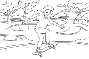 Ein lächelnder Junge macht einen Trick auf seinem Skateboard in einem Park mit Rampen und Bäumen. Er balanciert mit ausgestreckten Armen am Rand eines Betonbeckens. Parkbänke und Wolken sind im Hintergrund zu sehen.