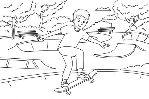 Nasmejan fant, ki izvaja trik na svojem skateboardu v parku z rampami, drevesi in klopmi.