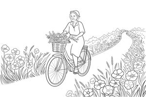 Un disegno a linee dettagliato di una donna anziana con cappello che va in bicicletta lungo una strada di campagna. La bici ha un cestino di fiori e il sentiero è fiancheggiato da papaveri.