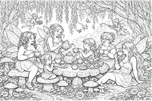 Eine Gruppe von Elfen mit großen Flügeln sitzt um einen riesigen Pilztisch in einem verwunschenen Wald. Eine Elfe schenkt Tee aus einer verzierten Kanne ein, während andere Tassen halten und Süßigkeiten genießen. Herabhängende Weidenzweige und kleine fliegende Wesen füllen den Hintergrund.