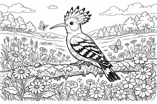 Dudok s perovou chocholkou sedí na pni stromu v kvetinovom poli s motýľmi.