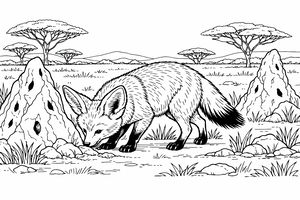 Un otocione dalle grandi orecchie esplora la savana. Si trova tra due alti termitai con alberi di acacia e montagne visibili all'orizzonte.