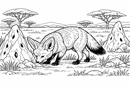 En öronhund med sina karaktäristiska stora öron står mellan två höga termitstackar på en öppen savann med akacieträd i bakgrunden.