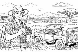 Un giovane esploratore con camicia a fantasia e cappello da safari tiene un binocolo vicino a una jeep aperta. Sullo sfondo la savana con un elefante e una giraffa.