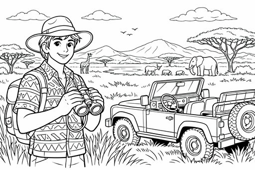 En ung kille i safarihatt och mönstrad skjorta står med en kikare bredvid en öppen jeep på savannen. I bakgrunden syns en elefant, en giraff och berg under en molnig himmel.
