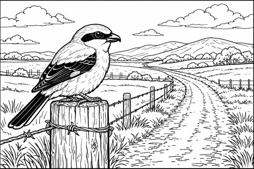 En varfågel sitter på en trästolpe intill en grusväg som slingrar sig genom ett landskap med fält och kullar. Fågeln har en tydlig svart ögonmask och lång stjärt.