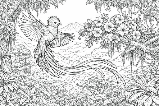 Detailná kresba kvezala s dlhými chvostovými perami letiaceho pri kvitnúcom strome v tropickej džungli s horami v pozadí.