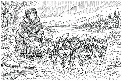 En äldre kvinna i traditionell samisk dräkt sitter i en släde dragen av sex glada huskies i ett snöigt fjällandskap med björkar och stjärnhimmel.