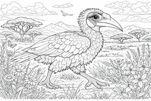 Disegno dettagliato di un bucorvo del Sud con lunghe ciglia che cammina in un prato fiorito con alberi di acacia e montagne.