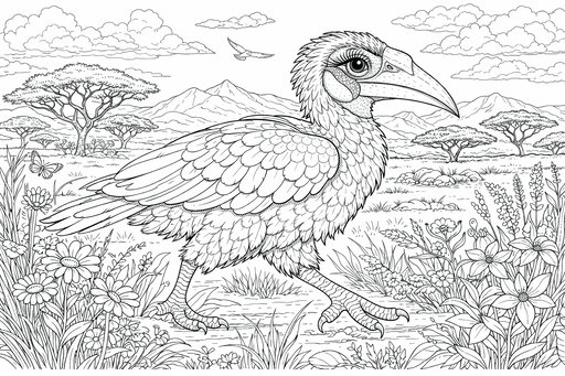 Detailná kresba zoborožca havranieho s dlhými mihalnicami kráčajúceho lúkou s akáciami a horami v pozadí.