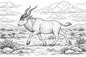 Un disegno lineare molto dettagliato di un maschio di addax con lunghe corna a spirale che trotta in un deserto sabbioso. Il terreno è roccioso con piccoli arbusti e grandi nuvole nel cielo.