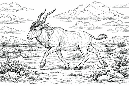 En mycket detaljerad målarbild av en hane av arten addax med långa skruvformade horn som travar över en sandig öken. Marken är täckt av stenar och små buskar medan stora moln fyller himlen ovanför avlägsna berg.