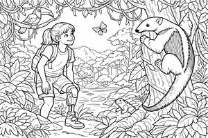 Un disegno a linee di una bambina con zaino e protesi alla gamba che guarda un tamandua su un albero. La giungla lussureggiante include un tucano su un ramo, una farfalla e una rana vicino a un fiume.