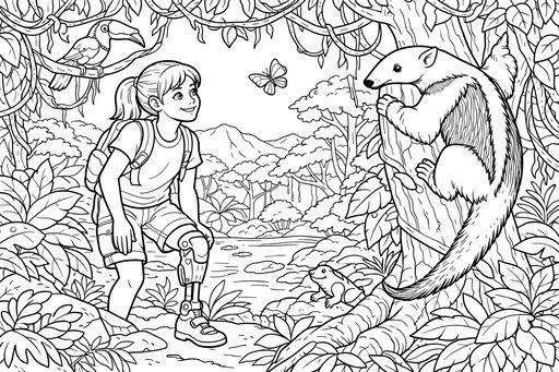 En målarbild som visar en flicka med ryggsäck och benprotes som tittar på en tamandua i en djungel. Miljön är fylld av lianer och blad, med en tukan på en gren, en fjäril och en groda intill en flod.