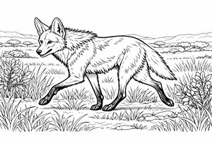 Um desenho de contorno de um lobo-guará com pernas longas e crina farta a caminhar por um campo com arbustos e colinas.