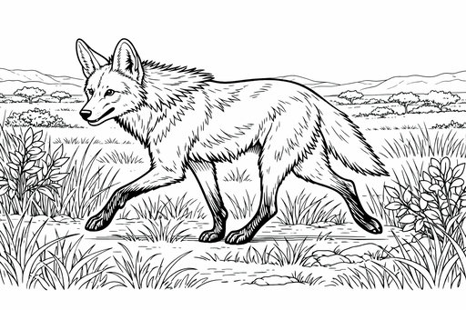 En svartvit teckning av en manvarg med långa ben och karakteristisk man som går genom ett landskap med buskar och gräs.