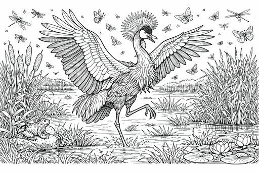 Una gru coronata che esegue una danza in acque poco profonde circondata da canne, ninfee, una rana su una pietra e insetti volanti.