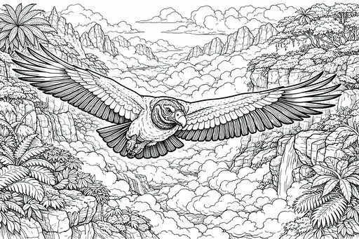 En majestätisk kungsgam med brett vingspann som svävar över ett tropiskt bergslandskap med regnskogsväxter och moln.