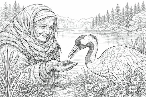 En äldre kvinna i huvudduk ger fågelmat till en trana vid kanten av en nordisk sjö omgiven av tallskog och blommor.