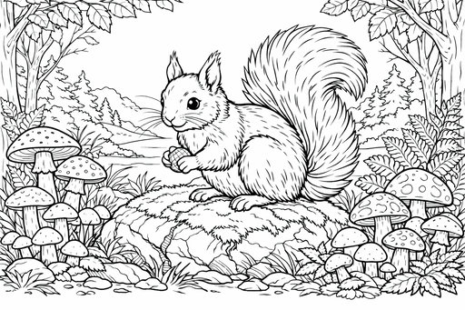 Huňatá veverička držiaca oriešok sedí na veľkom kameni obklopenom hubami a papradím v lese.