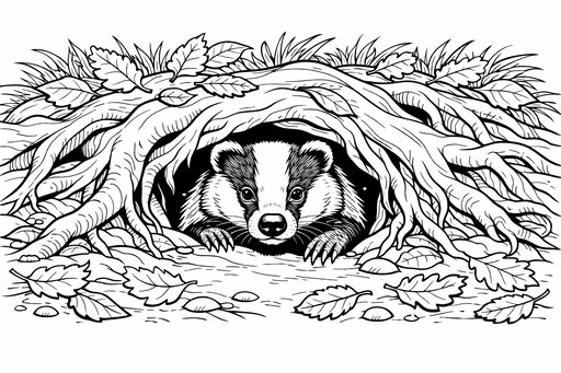 Målarbild av en grävling som tittar ut från ett hål under stora trädrötter täckta av löv.