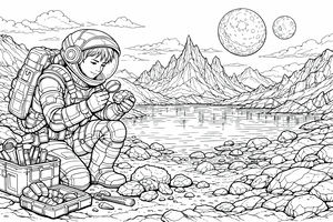 Ein Astronaut in einem detaillierten Raumanzug kniet am Ufer und betrachtet einen kleinen Mondstein durch eine Lupe. Zwei Monde hängen über einer Gebirgskette am Himmel.