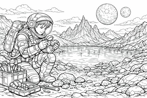 Szczegółowa ilustracja astronauty klęczącego nad jeziorem na obcej planecie i patrzącego na kamień przez lupę.