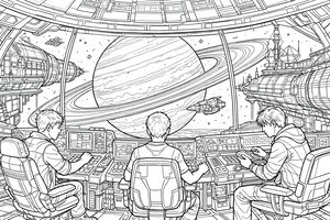 Detailní kresba tří lidí sedících u špičkových ovládacích konzolí na vesmírné lodi s panoramatickým výhledem na planetu podobnou Saturnu. Místnost je plná tlačítek a obrazovek.