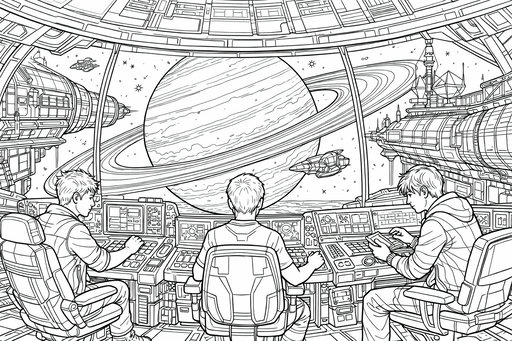 Svartvit linjeteckning av tre personer som sitter vid högteknologiska kontrollpaneler på ett rymdskepp med utsikt mot en planet som liknar Saturnus. Rummet är fyllt av reglage och skärmar medan små farkoster syns i rymden.