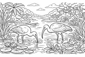 Dois guarás com bicos longos e curvos estão em águas rasas cercados por ninféias em flor e juncos. Ao fundo, uma floresta tropical com palmeiras margina um rio.