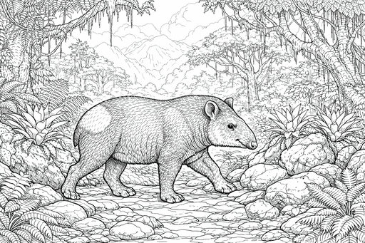 En detaljerad linjeteckning av en bergstapir som går på en stenig stig i en tät djungel med berg i bakgrunden.