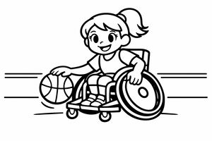 Uśmiechnięta dziewczynka na wózku inwalidzkim do koszykówki kozłuje piłkę jedną ręką. Ma kucyk i ubrana jest w strój sportowy. Proste, poziome kreski na tle nadają obrazkowi dynamiki i szybkości.