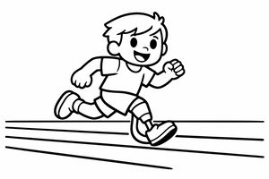 A simple line drawing of a smiling boy running on a track. He is using a prosthetic leg and is captured in a dynamic running pose. The background shows simple lane lines on a track.