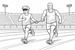 Ein Junge mit Sportbrille und ein Mann rennen kraftvoll auf einer Stadionlaufbahn. Sie sind durch ein kurzes Band an den Händen verbunden. Im Hintergrund sieht man leere Tribünen und hohe Flutlichtmasten unter klarem Himmel.