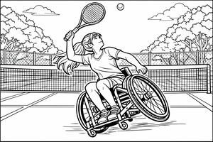 Uma menina numa cadeira de rodas desportiva serve a bola durante um jogo de ténis. Ela balança a raquete no alto enquanto a cadeira se inclina dinamicamente. O fundo mostra uma rede, árvores altas e nuvens.