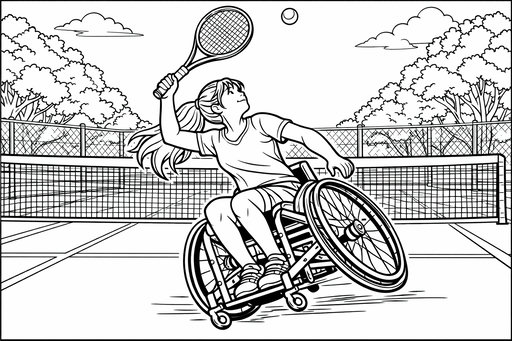 En ung tjej i en sportrullstol servar en boll under en tennismatch. Hon svingar sitt racket högt medan rullstolen lutar i en dynamisk rörelse på utomhusbanan. Bakgrunden visar ett tennisnät, träd och moln.