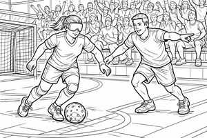 Eine Blindenfußballerin mit spezieller Augenmaske dribbelt einen Rasselball auf einem Hallenplatz. Neben ihr steht ein Guide und gibt Anweisungen, während im Hintergrund zahlreiche Zuschauer auf der Tribüne jubeln.