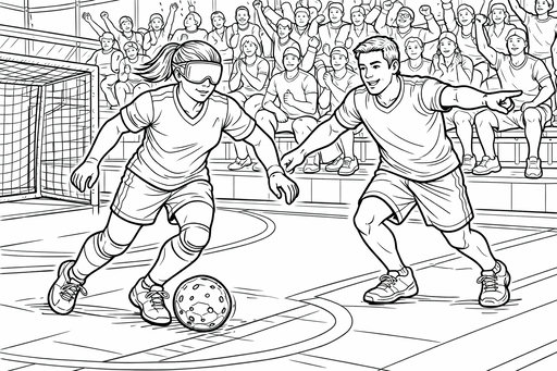 En kvinnlig spelare i blindfotboll bär ögonbindel och dribblar en boll med hål över en inomhusplan. En ledsagare står bredvid och visar riktningen medan en stor publik jublar på läktaren i bakgrunden.