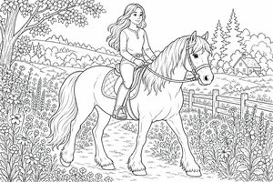 Una giovane ragazza con i capelli lunghi che cavalca un cavallo attraverso un prato pieno di fiori selvatici e alberi.
