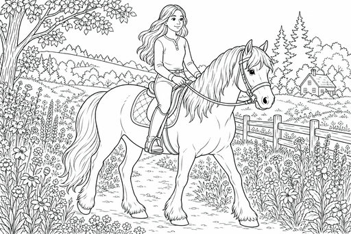 En flicka med långt hår som rider på en häst genom en äng med blommor och träd.