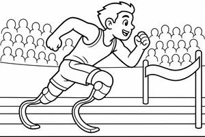 Un giovane atleta felice con protesi da corsa che scatta verso il traguardo in uno stadio di atletica.