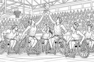 Um desenho detalhado de homens e mulheres a jogar basquetebol em cadeira de rodas num estádio cheio de espetadores.