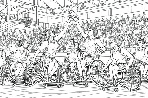 En detaljerad teckning av män och kvinnor som spelar rullstolsbasket inför en stor publik på läktaren.