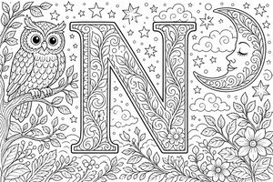 Line art dettagliata della lettera N circondata da una scena notturna con un gufo, stelle e una luna crescente con un viso.