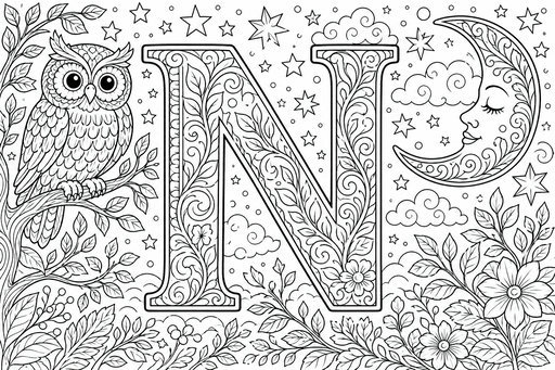 Detaljerad målarbild av bokstaven N omgiven av en nattscen med en uggla, stjärnor och en måne med ett ansikte.