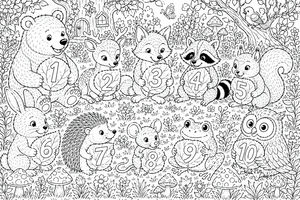 Un disegno al tratto dettagliato di dieci animali della foresta come un orso, un procione e un riccio, ognuno con una foglia numerata da 1 a 10.