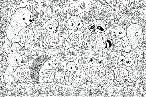 En detaljerad målarbild med tio skogsdjur som björn, räv, igelkott och uggla som håller i numrerade löv i en skogsmiljö.