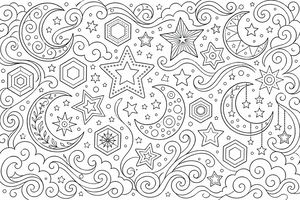 Un disegno da colorare dettagliato che mostra un motivo celeste con lune crescenti, stelle, esagoni e nuvole a spirale.