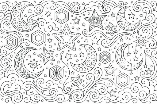 En detaljerad målarbild som visar ett himmelskt mönster med månskäror, stjärnor, hexagoner och virvlande moln.