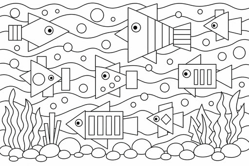 Målarbild med fiskar skapade av geometriska former som trianglar och rektanglar som simmar i ett hav med vågor och bubblor.